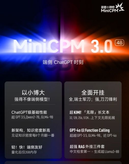 面壁智能震撼发布MiniCPM3.0 性能超GPT3.5